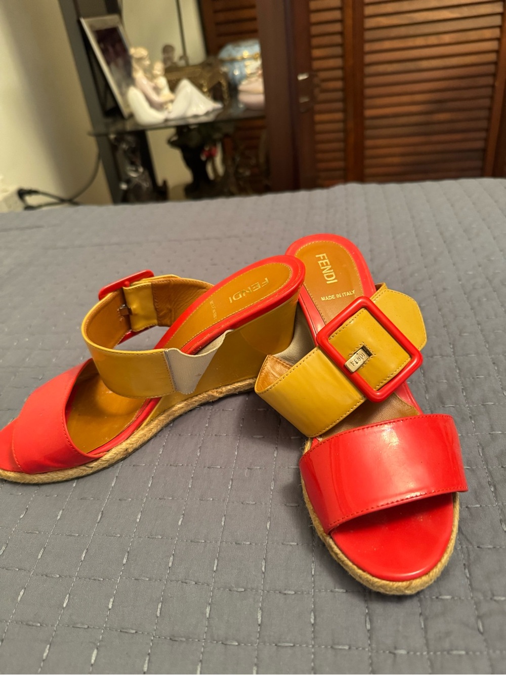 Fendi Red and Mustard Patent Wedge Slide Sandals - Women - Picture 3 of 7